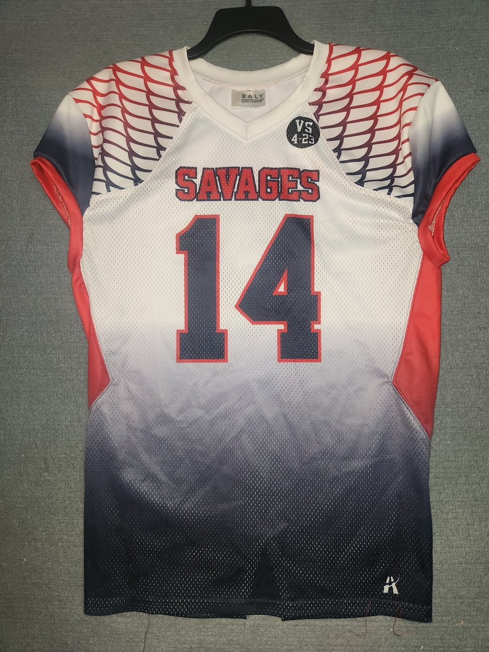 Savages Men's Number 14 Performance Football Jersey - White/Red/Navy #386